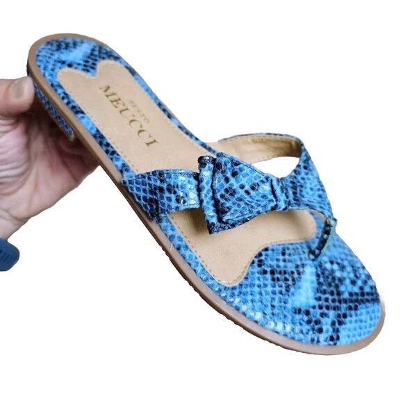 Sesto Meucci Sandals Women's Turquoise Print Half Bow Leather Flats Size 6.5 - Picture 1 of 6